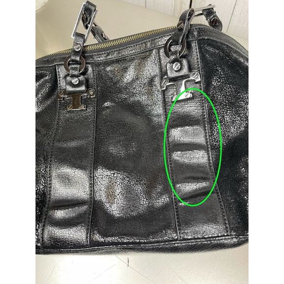 Tory Burch Black Sheen Crackle Leather Top Handle Bag Chunky Hardware Y2K - Picture 9 of 11